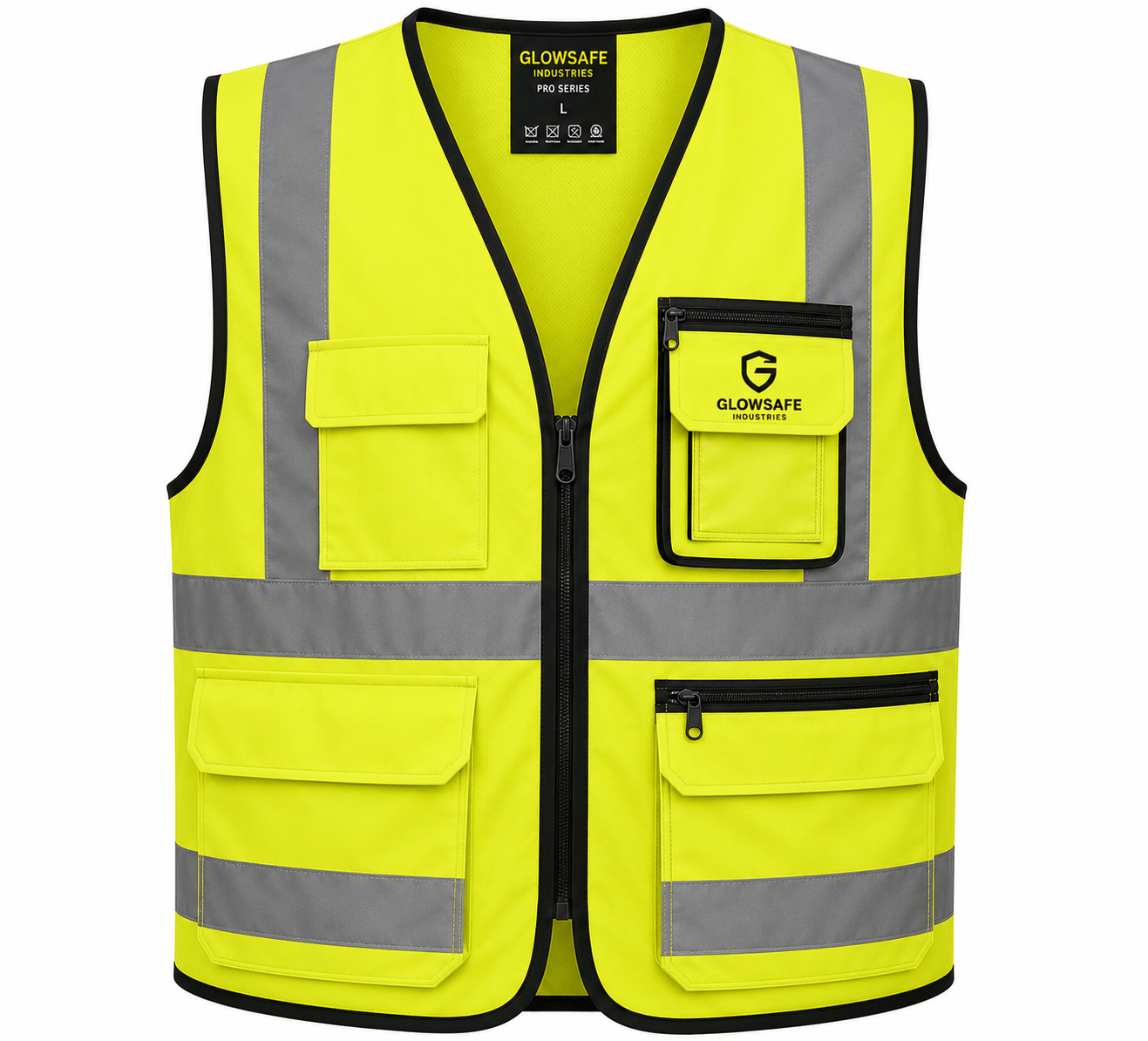 Glowsafe Industries hi-vis safety vest with retroreflective tape — IS 15809 and EN ISO 20471 compliant